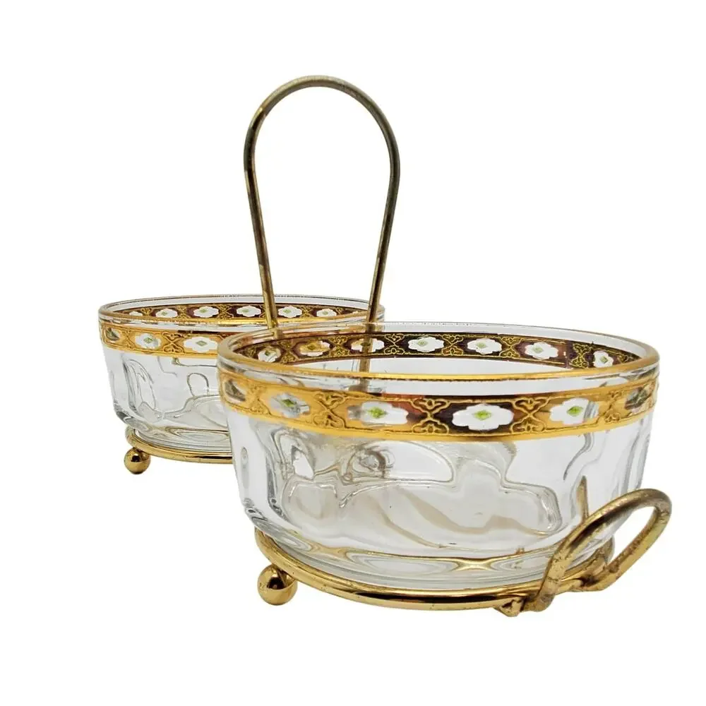 French Glass‎ Condiment Bowls Arcoroc Valencia Gilded Green Hollywood Regency